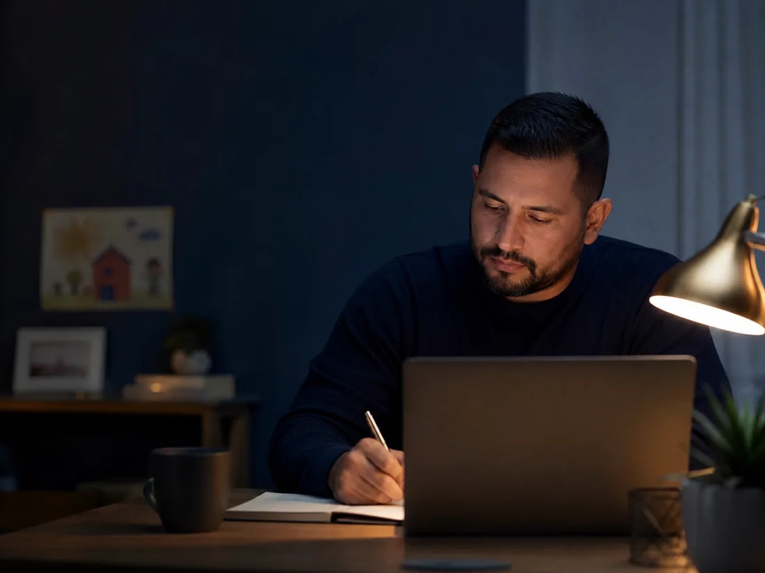 An adult learner working through coursework at home in the evening.