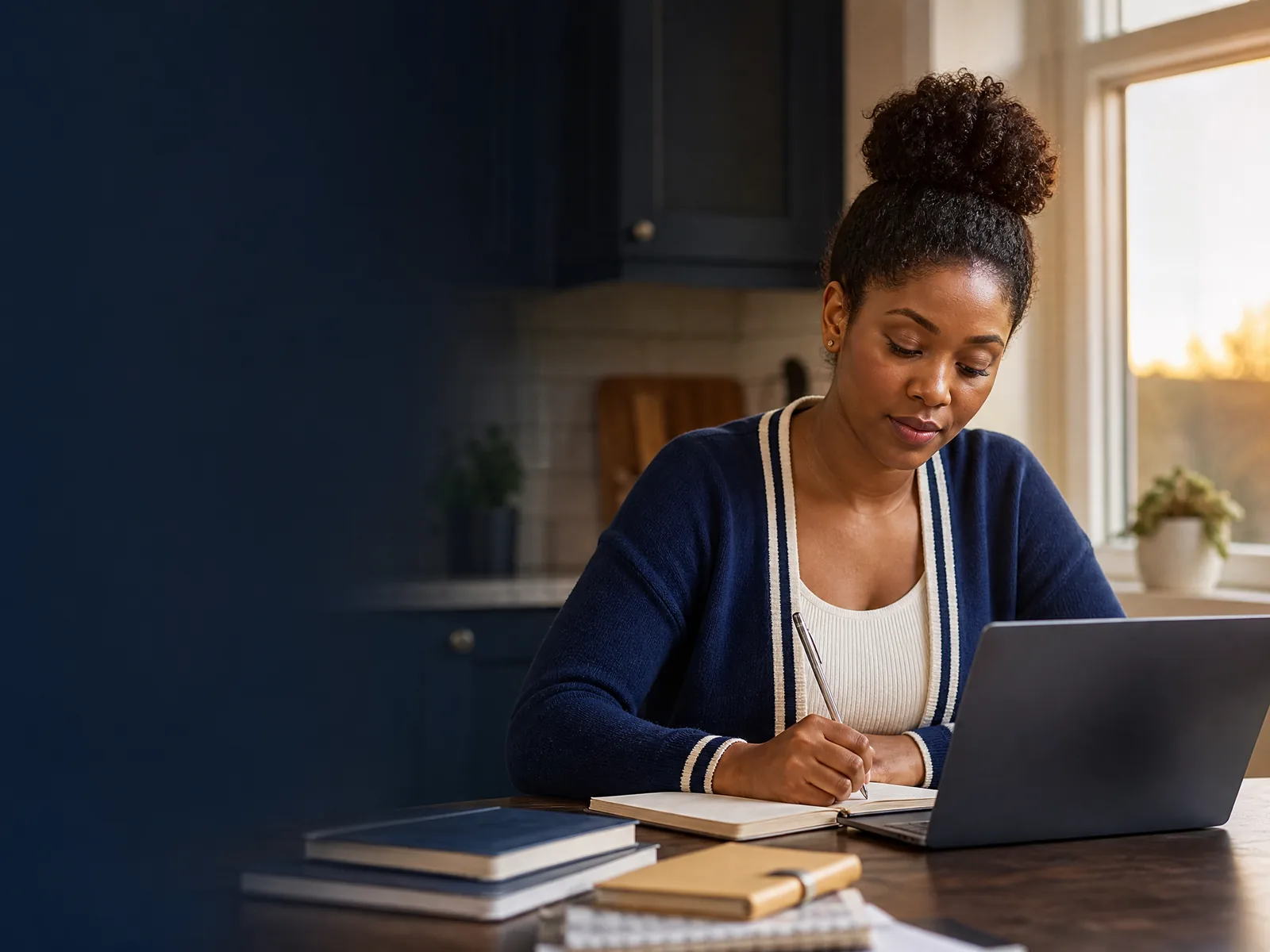 An adult student writing notes beside a laptop at a kitchen table in the early evening.